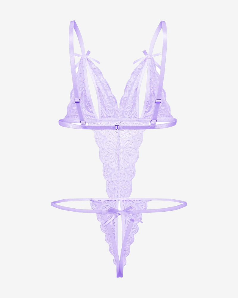 Light purple lace deep V bodysuit teddy with bow shoulder straps and thong base