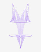 Light purple lace deep V bodysuit teddy with bow shoulder straps and thong base