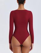 Sweetheart neckline bodysuit top, long-sleeve wine red, back view with high-cut leg