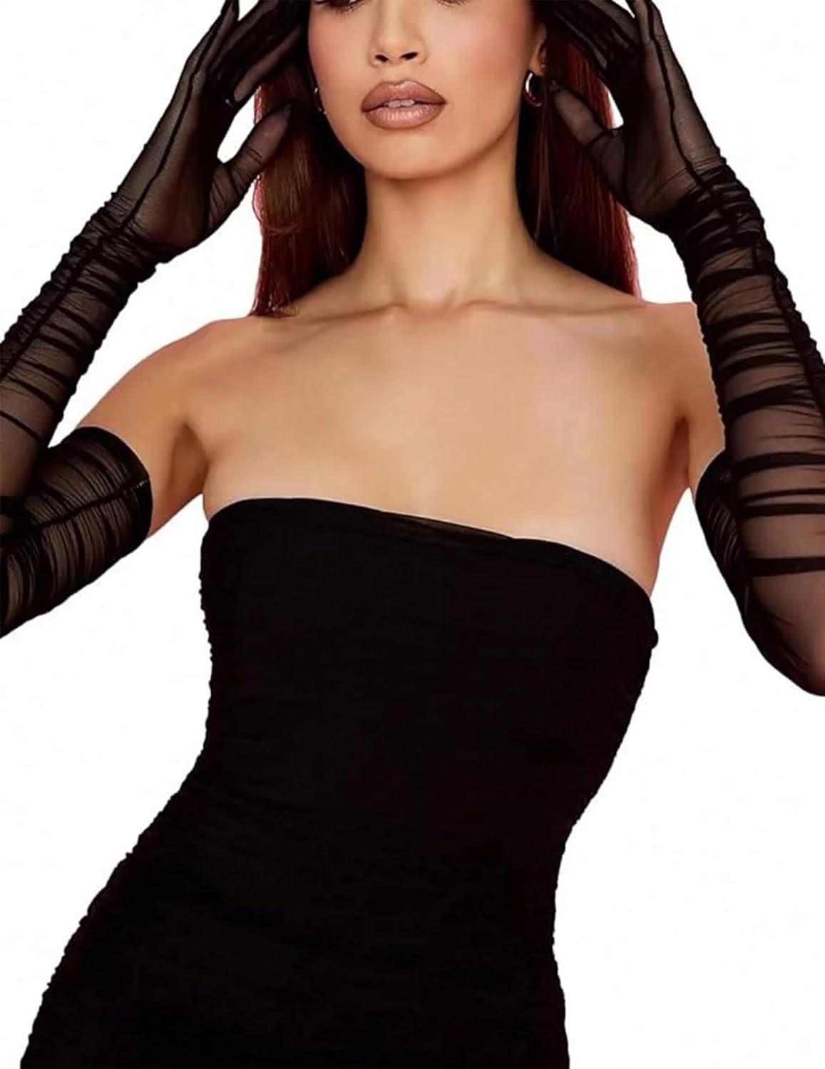 Black long sheer mesh gloves with striped bands and full finger coverage on arms.