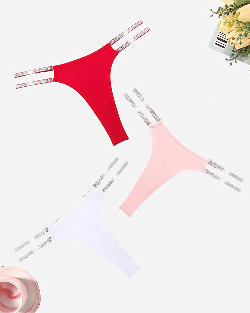 Low-waist Brazilian tanga panties set in red, blush pink, and white with silver trim