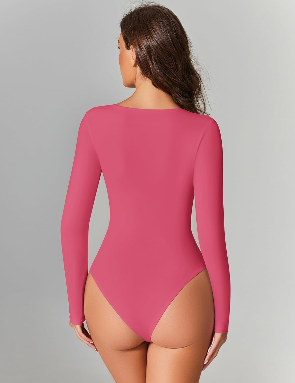 Sweetheart neckline bodysuit top, long-sleeve rose pink, back view with high-cut leg