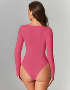 Sweetheart neckline bodysuit top, long-sleeve rose pink, back view with high-cut leg