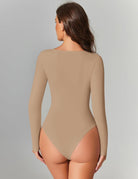 Beige sweetheart neckline bodysuit top with long sleeves, shown from the back