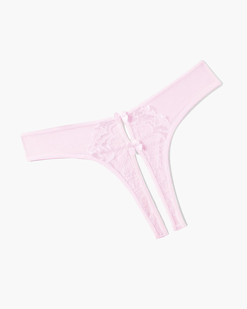 Pink mesh thong with lace front and bow detail
