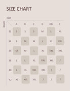 Bra size chart grid by band size and cup size A to XXL