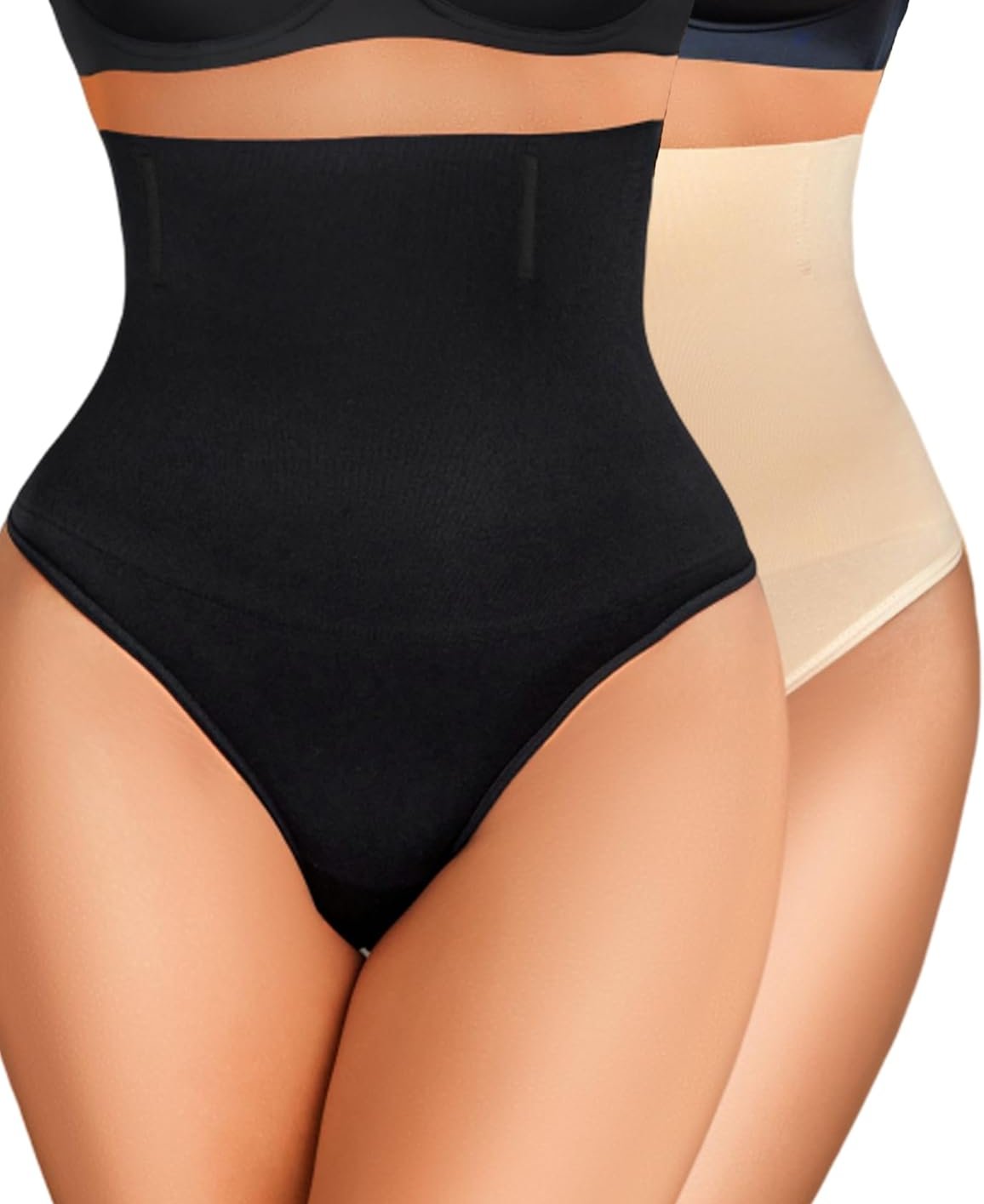 Tummy control thong shapewear, black high-waist brief with thong back