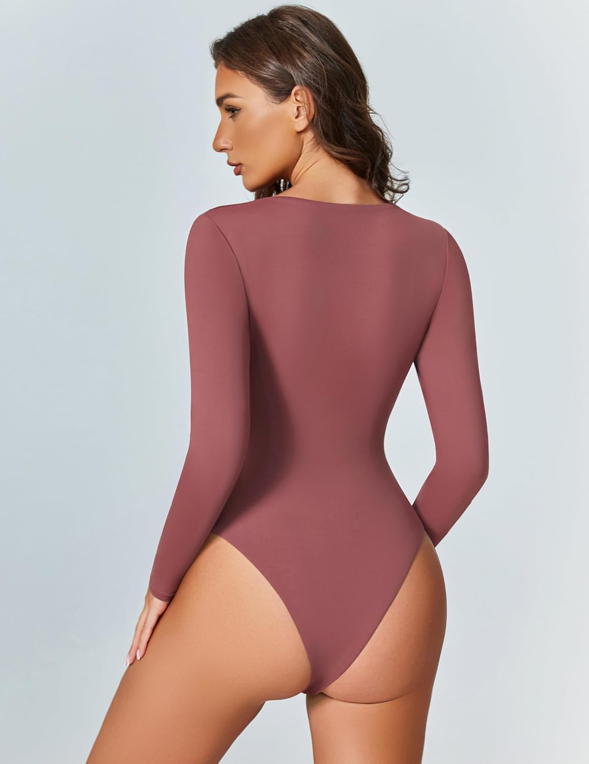 Sweetheart neckline bodysuit top, long sleeves, ruched bust, rose red.