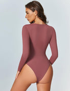 Sweetheart neckline bodysuit top, long sleeves, ruched bust, rose red.