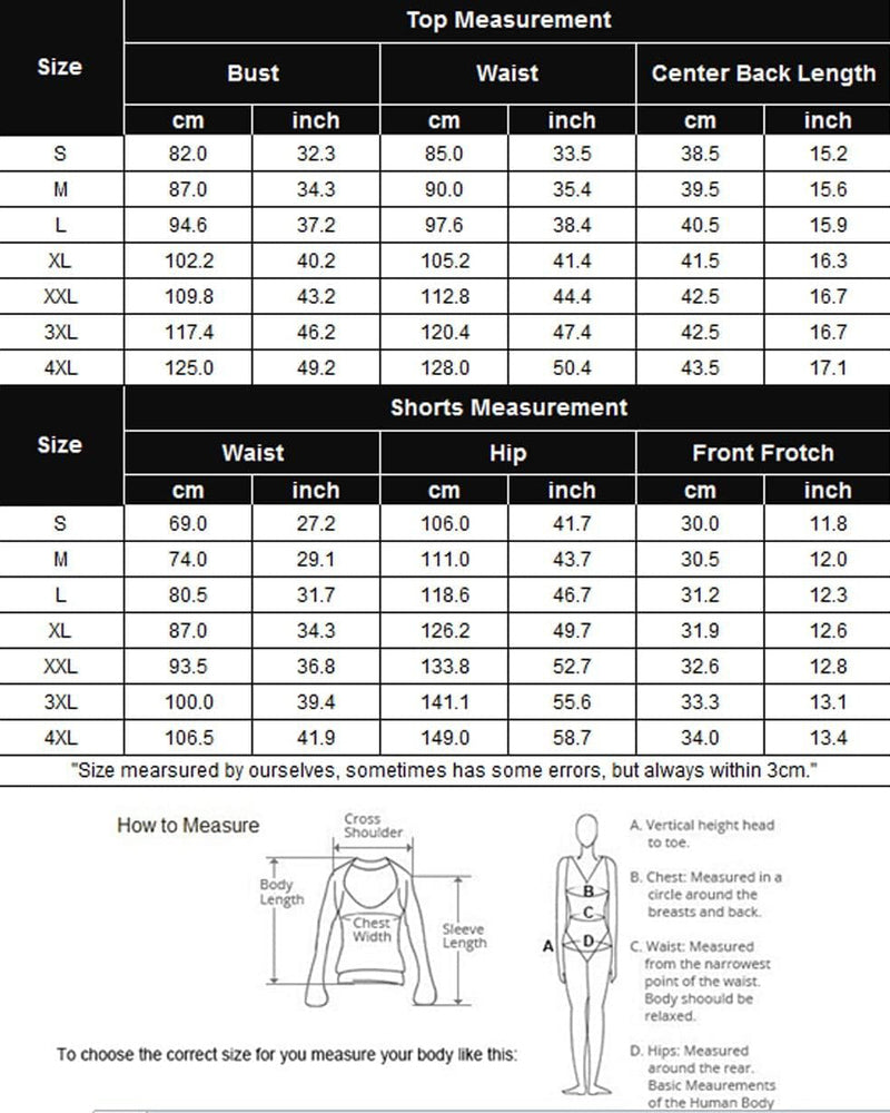 Satin pajama set size chart showing bust, waist, center back length, shorts hip