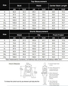Satin pajama set size chart showing bust, waist, center back length, shorts hip