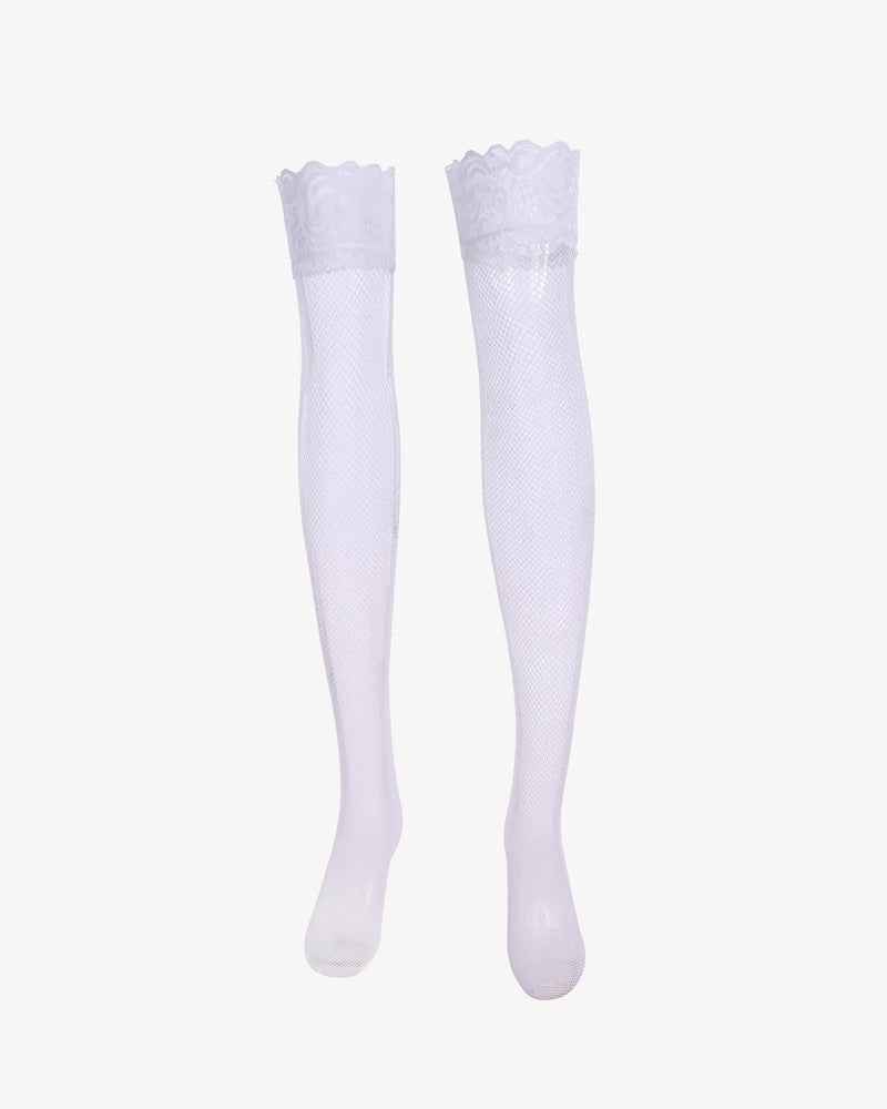 White fishnet high stockings with lace ruffle tops