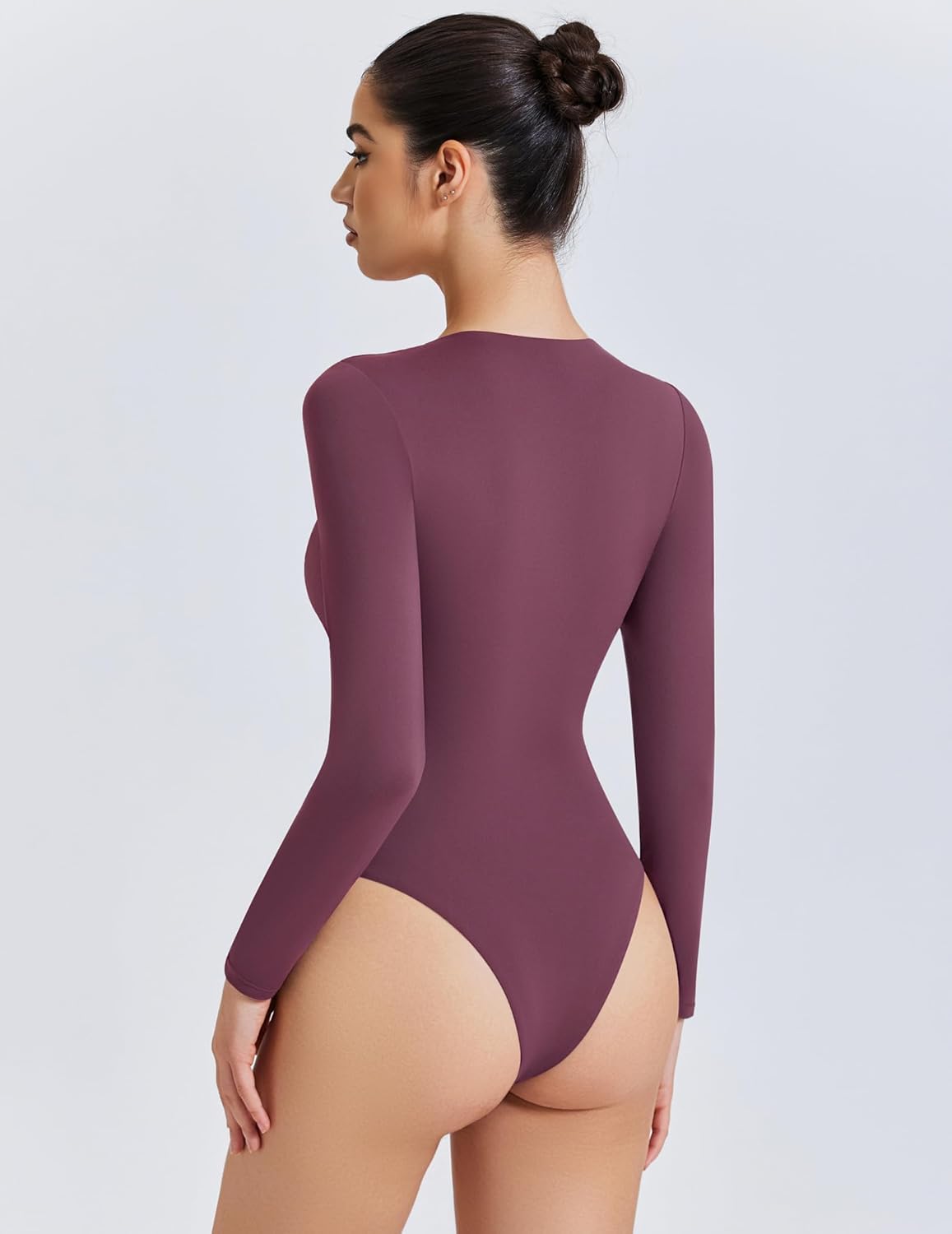 Plum long-sleeve bodysuit back with V-back and high-cut legs