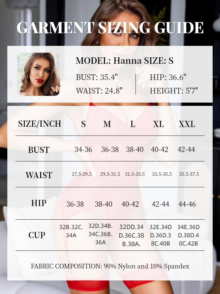 Garment sizing guide chart for lingerie bodysuit, model Hanna, size S–XXL