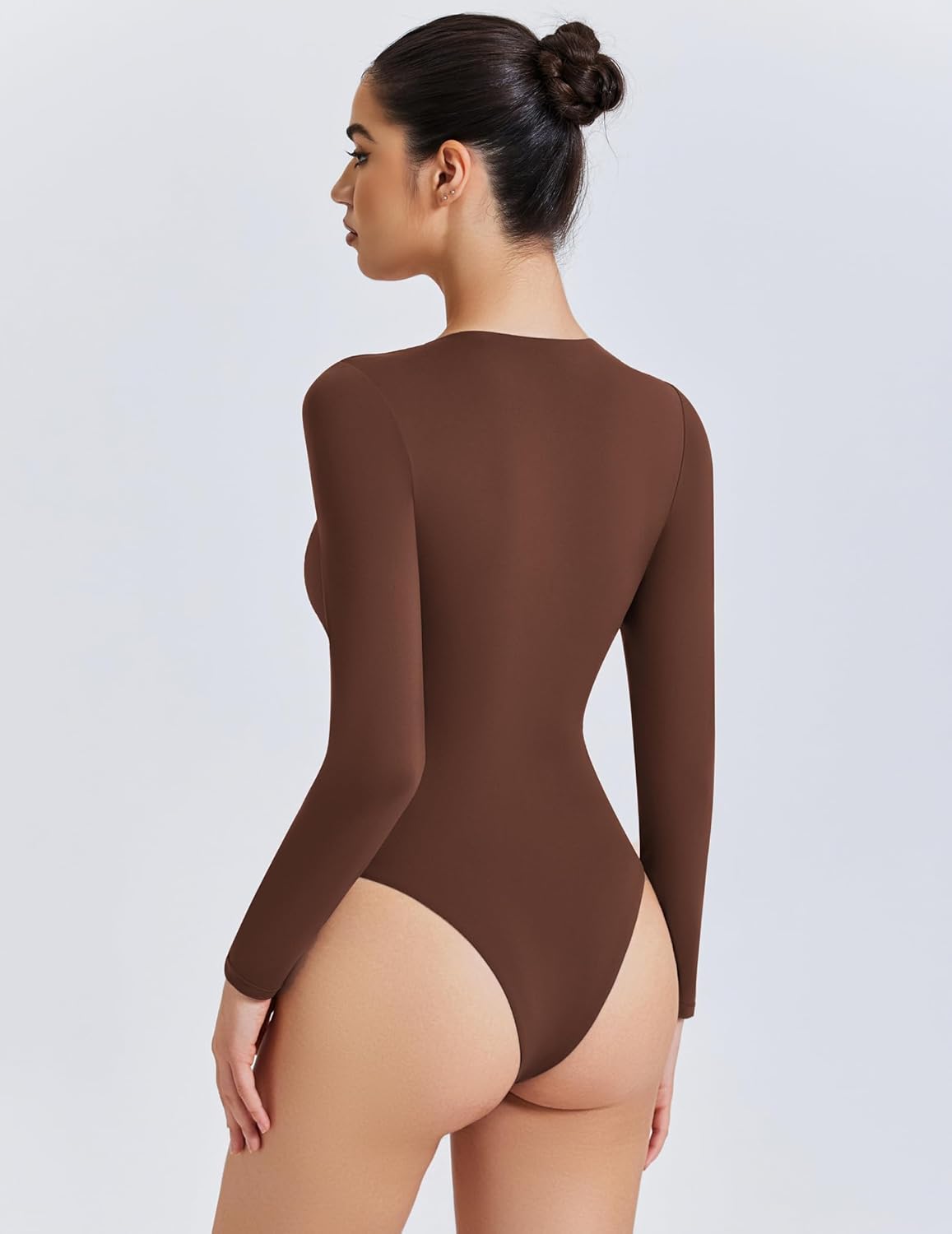 Brown sweetheart neckline bodysuit top with long sleeves, shown from the back