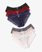 Lace hipster panties assortment in black, red, navy, light gray, and white