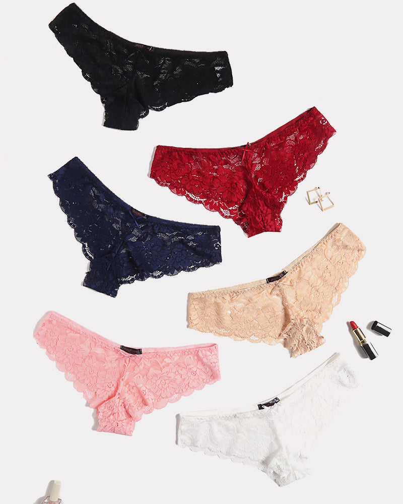 Floral lace hipster panties set in black, red, navy, pink, beige, and white