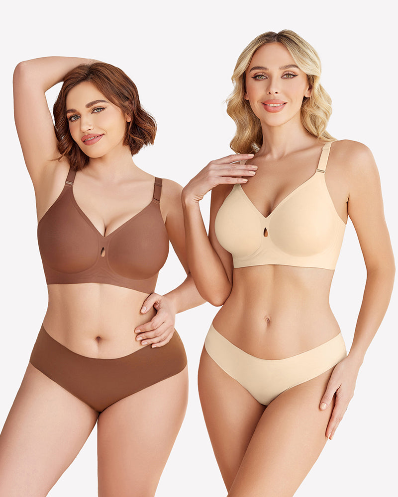 Brown and cream padded wireless bras with V neckline and adjustable straps