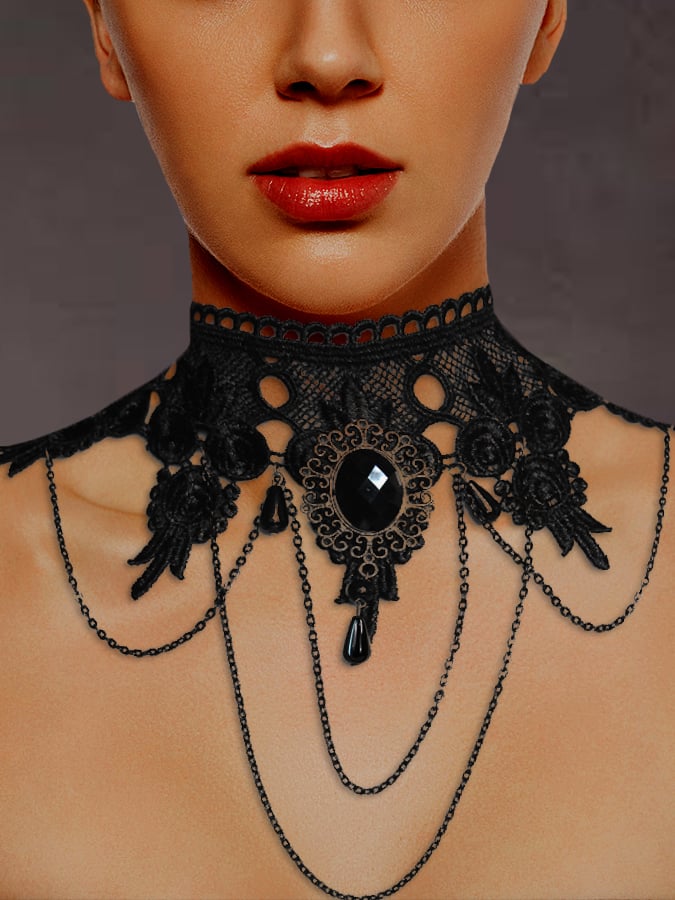 Black vintage lace choker necklace with layered chains and oval filigree pendant
