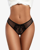 Black mesh thong with lace front and bow detail