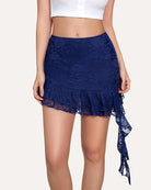 Navy blue lace mini skirt with asymmetrical ruffle hem and dangling side tie