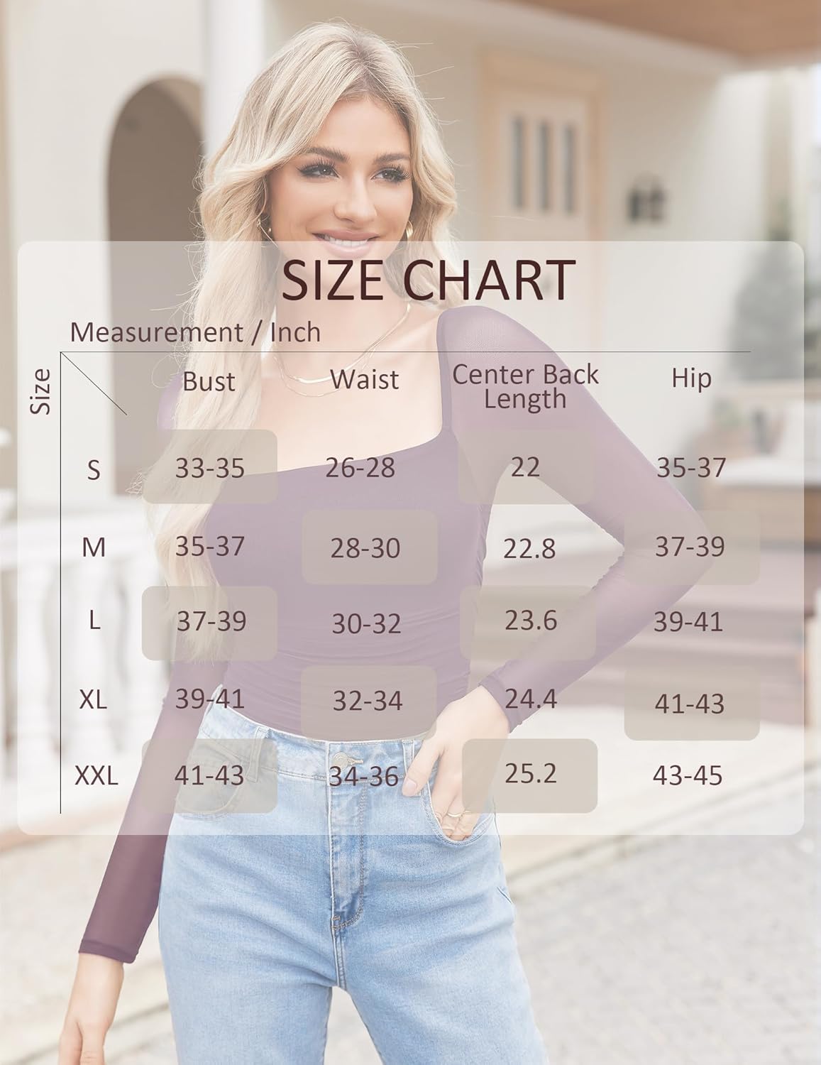 Dark square-neck mesh long sleeve bodysuit with size chart overlay