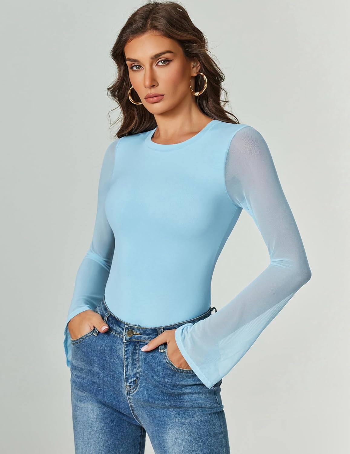 Long-sleeve mesh thong bodysuit, light blue