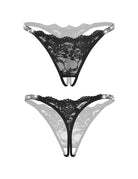 Floral lace thong panties with rhinestone straps, black
