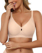 No-underwire seamless bralette in peach with velvet-trim V neckline and cutout