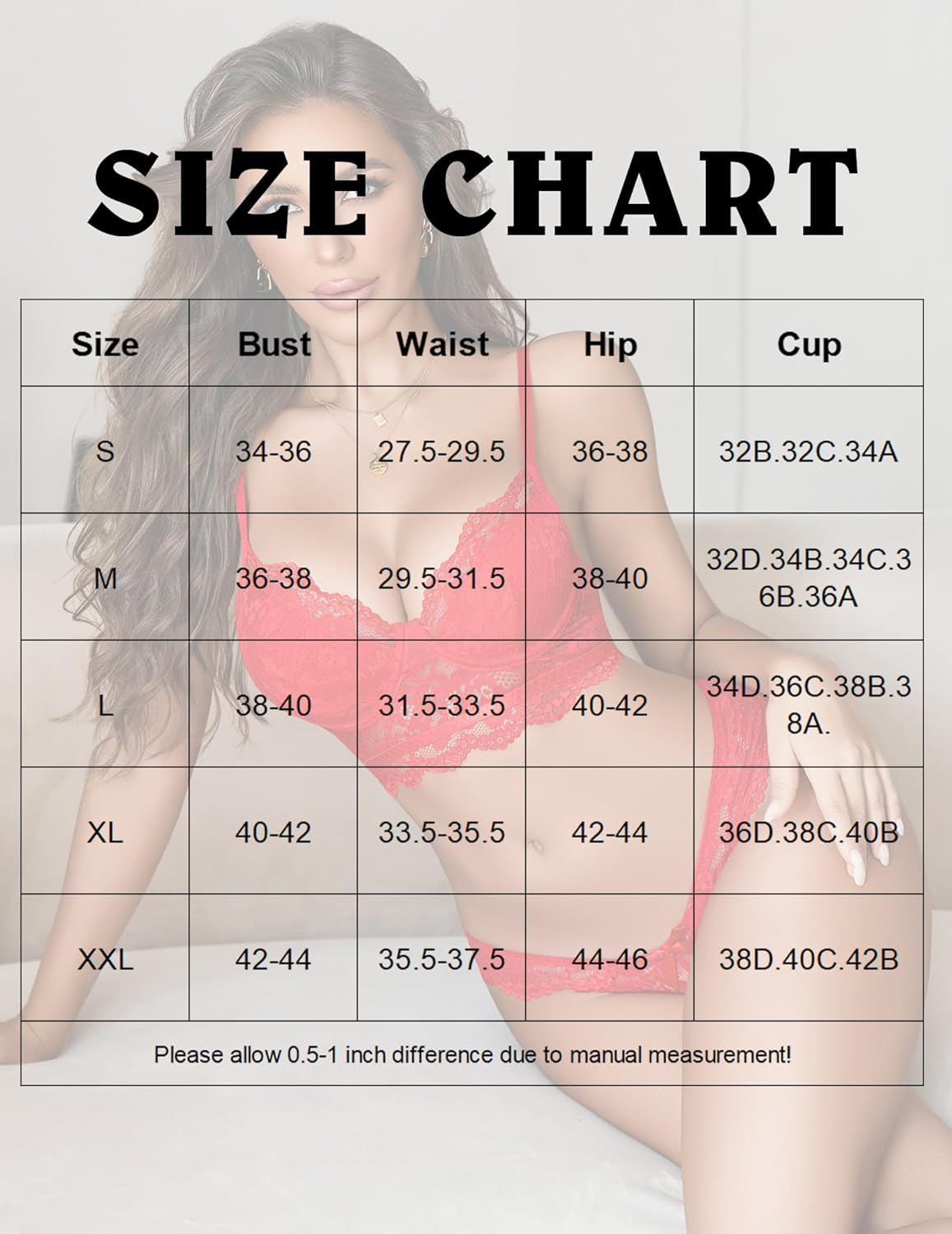 Lingerie set size chart with bust, waist, hip, and cup measurements