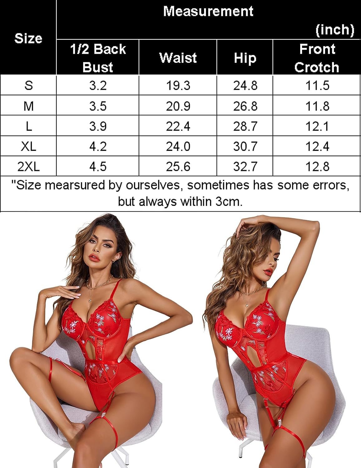 Red lace bodysuit with floral embroidery and garter belt straps, two angles
