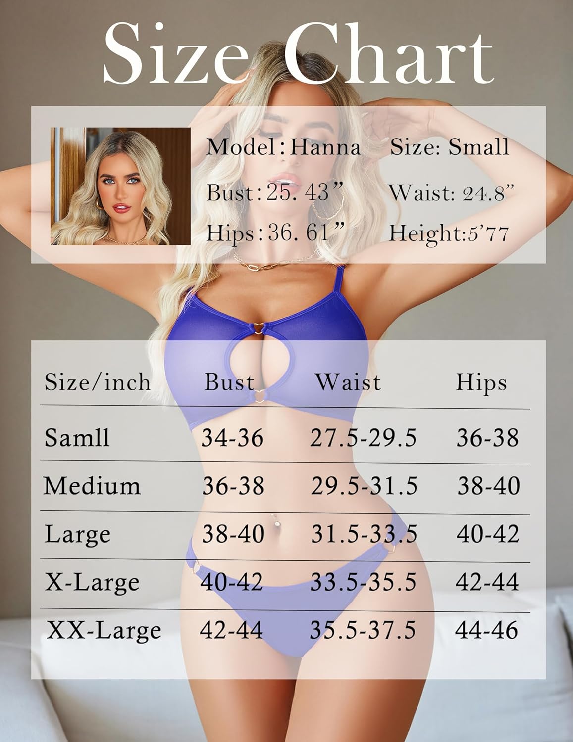 Size chart for mesh cut-out bra & thong set, model Hanna size Small