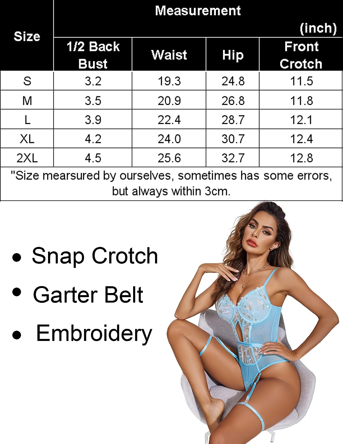 Light blue lace bodysuit with floral embroidery and garter belt straps, front view