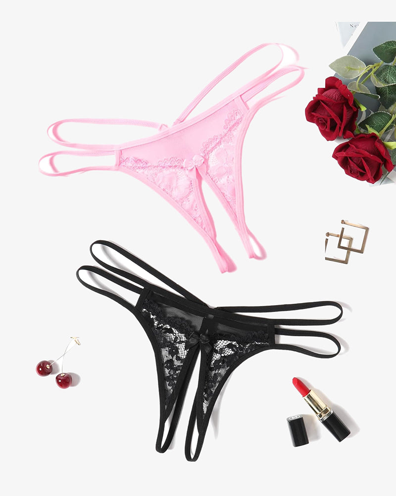 Pink and black floral lace G-string panties with bow detailing