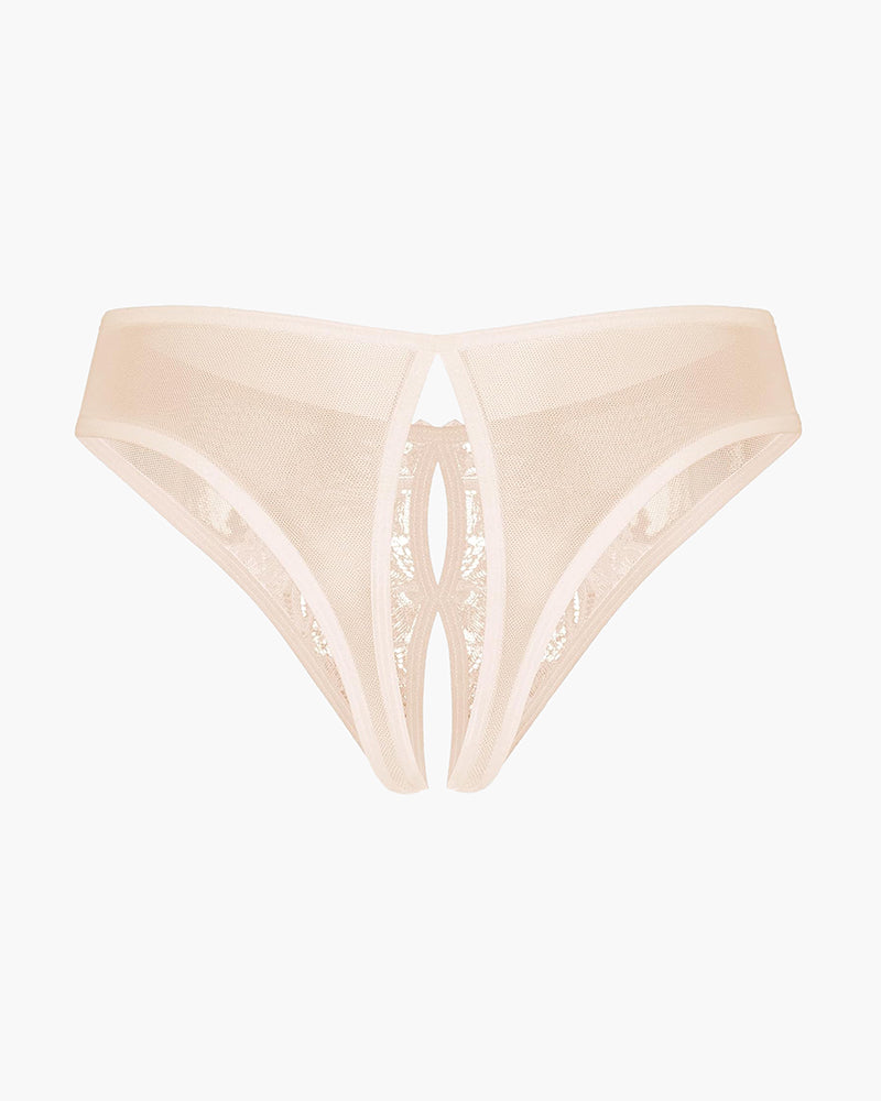 Champagne sheer mesh thong with lace cutout front