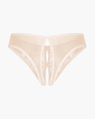 Champagne sheer mesh thong with lace cutout front