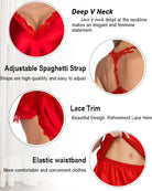 Red satin pajama cami with V-neck and lace trim; matching shorts with elastic waist