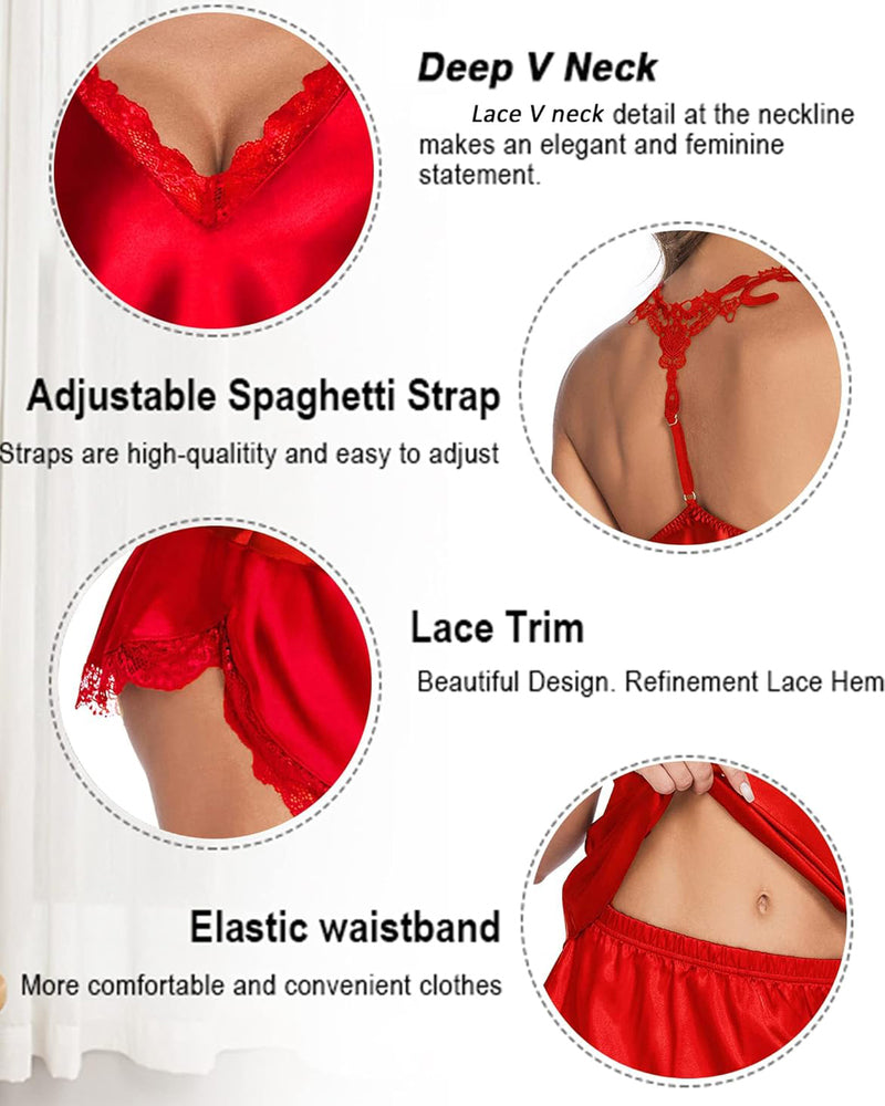 Red satin pajama cami with V-neck and lace trim; matching shorts with elastic waist