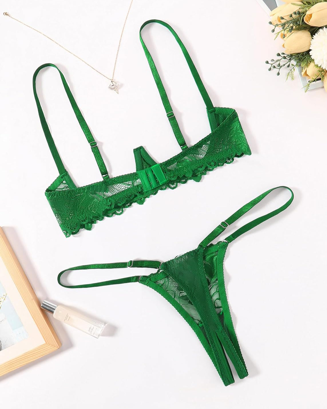 Green lace underwire bra and matching thong set with scalloped lace neckline