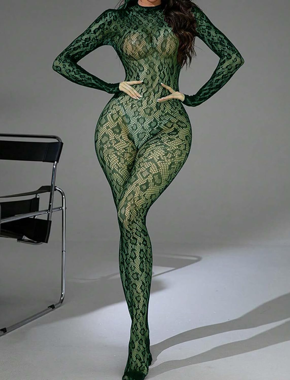 Green fishnet bodysuit with long sleeves and full-length leg coverage