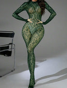 Green fishnet bodysuit with long sleeves and full-length leg coverage