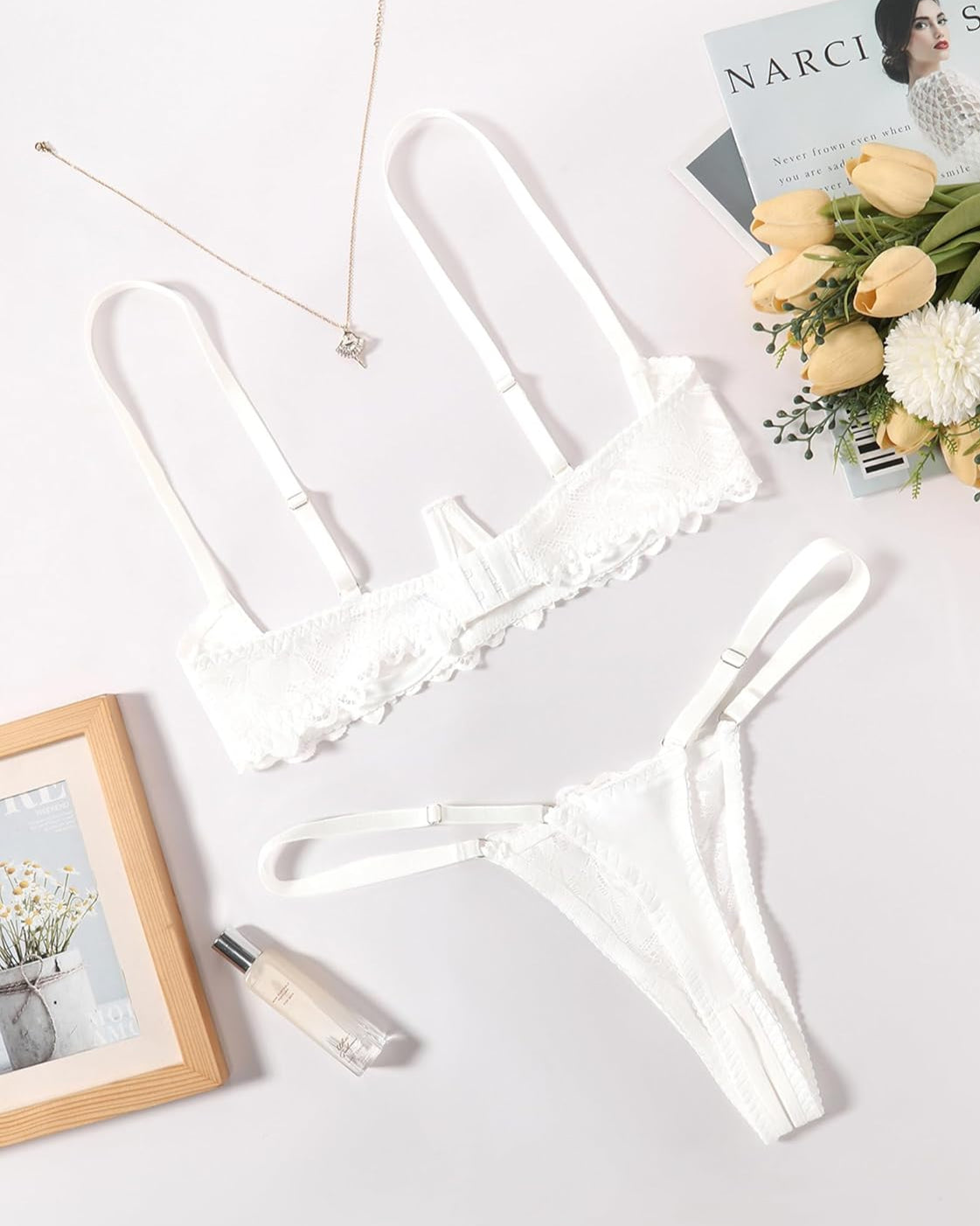White lace underwire bra and matching thong set, scalloped lace edges