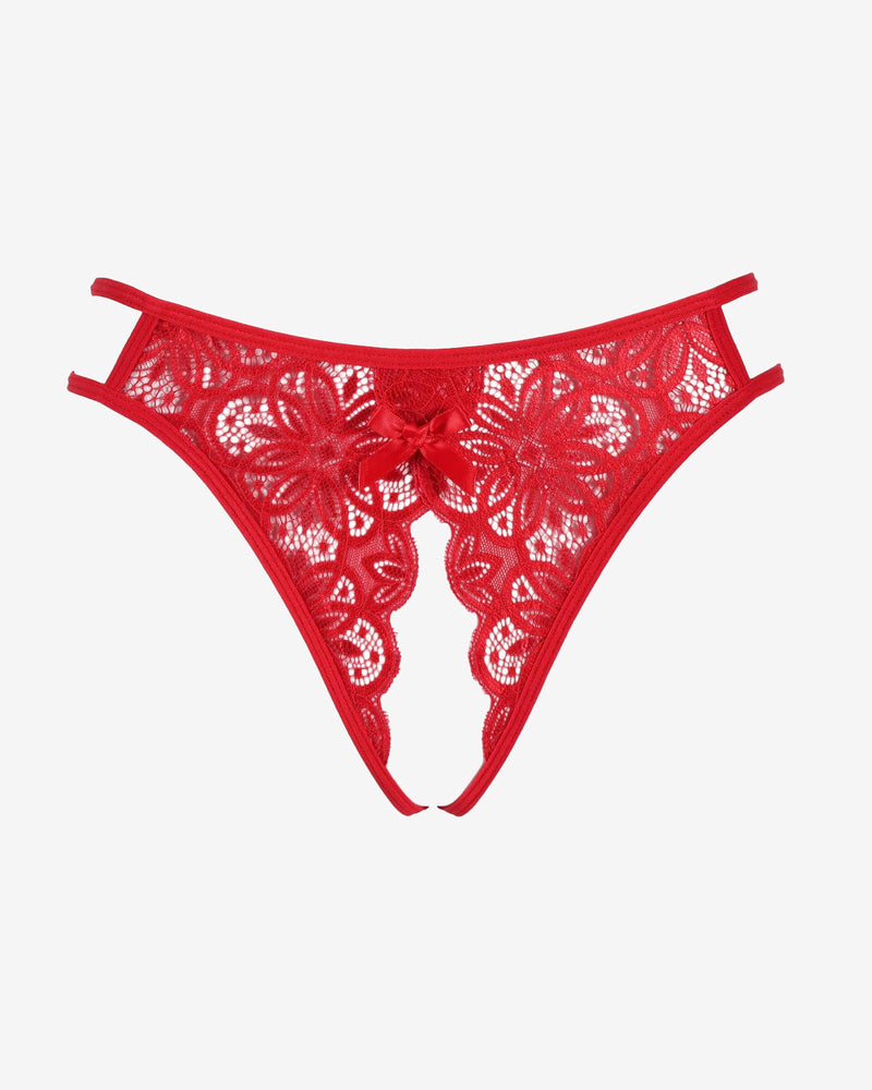 Red lace floral thong briefs with center bow, semi-sheer cutwork and scalloped trim.