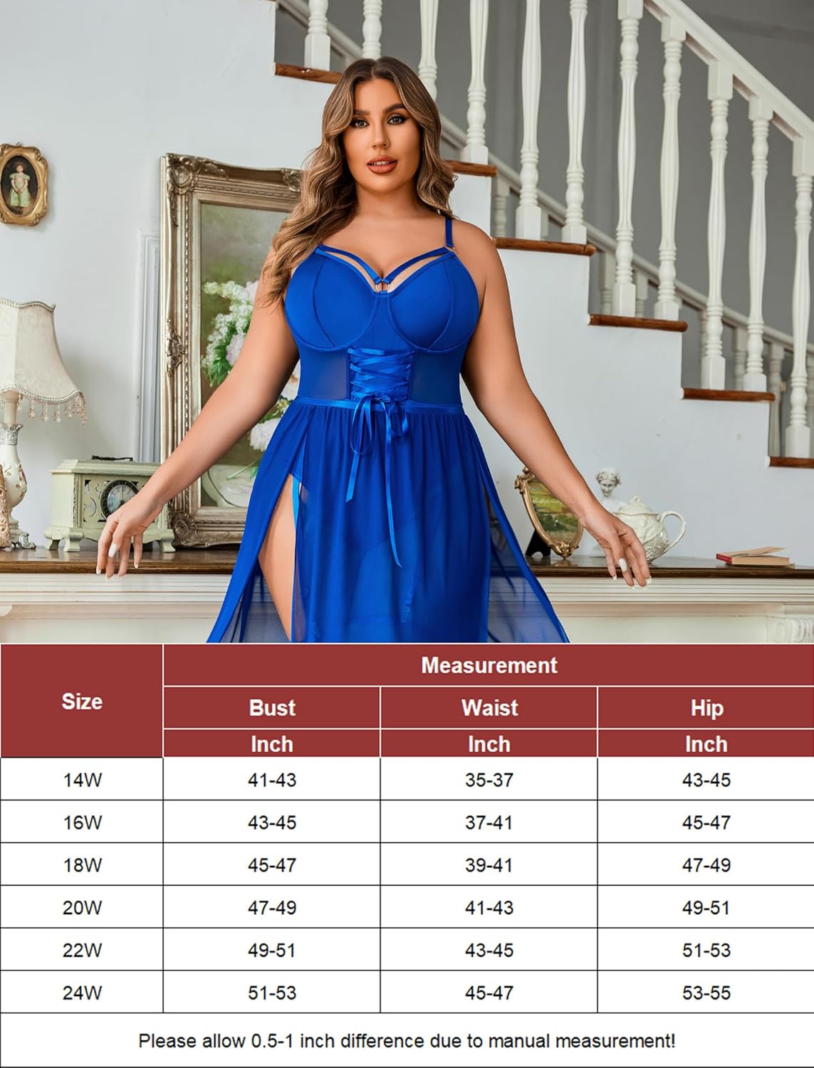 Royal blue bodysuit dress with underwire cups, lace-up center, and sheer skirt