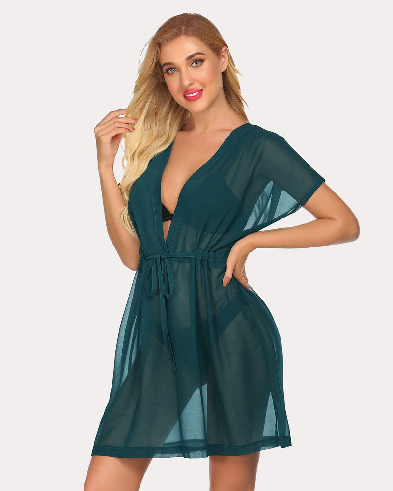 Teal chiffon kimono coverup with V-neck, tie waist, short flutter sleeves, sheer mini