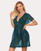 Teal chiffon kimono coverup with V-neck, tie waist, short flutter sleeves, sheer mini