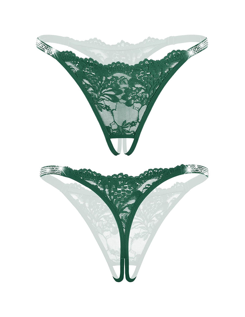 Floral lace thong panties with rhinestone straps, green