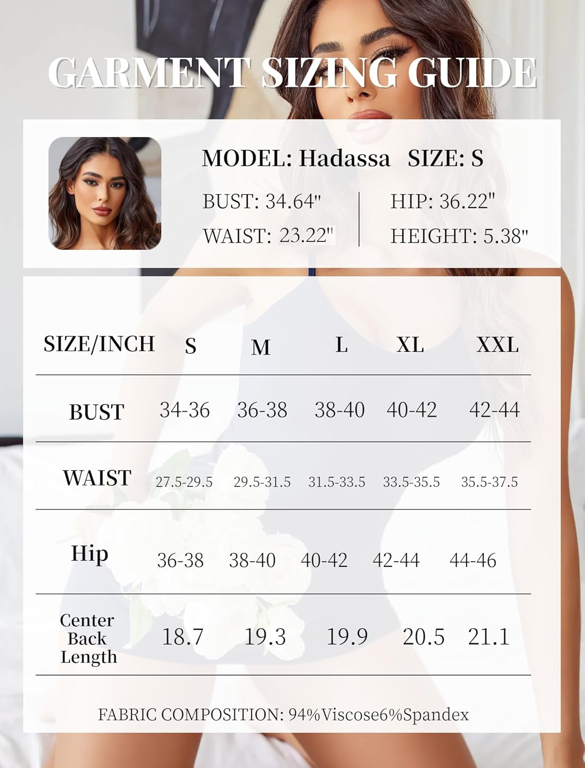 Garment sizing guide chart for chemise size and fabric composition