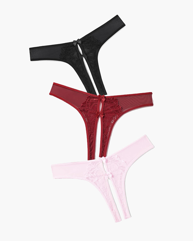 Mesh bow panties set with sheer lace: black, red, and pink