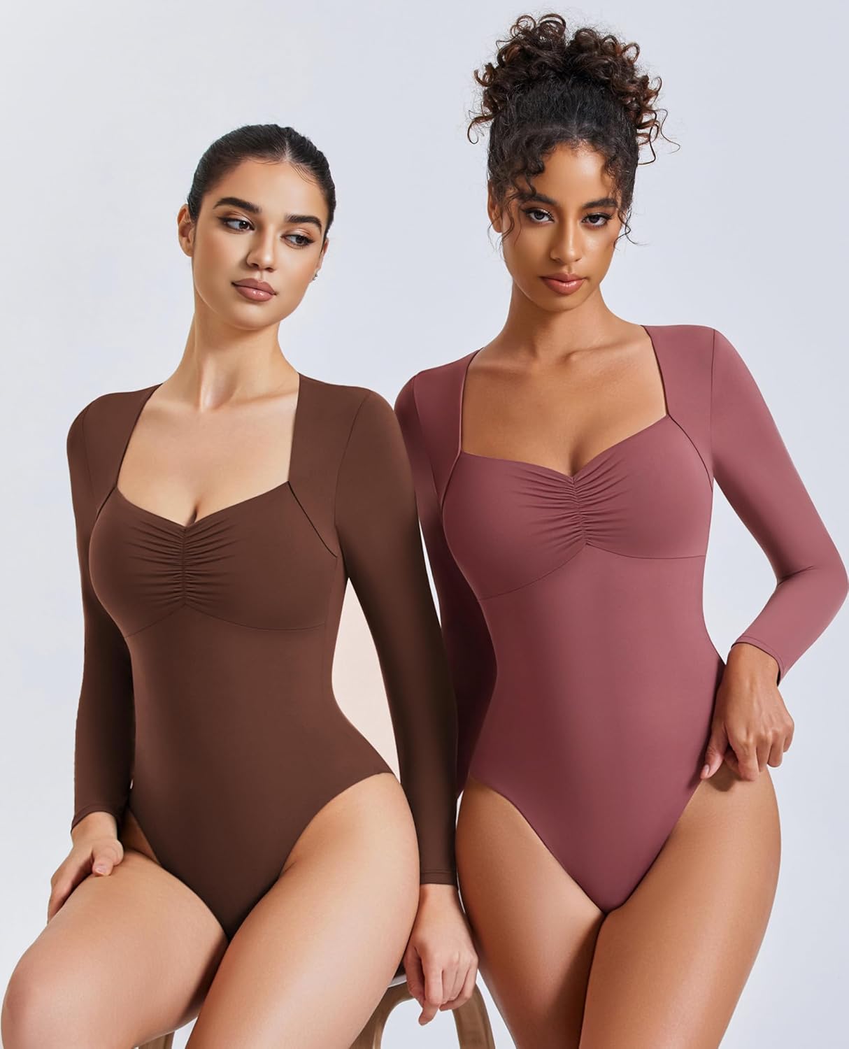Long-sleeve sweetheart bodysuit set in brown and rose-pink, ruched bust